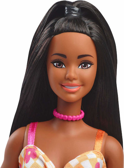 Barbie Checkered Flower Midi Dress Black Hair Doll Fashionistas Fashionistas Brunette Yellow Dress - Pink Flowers for 3+ years+ Years