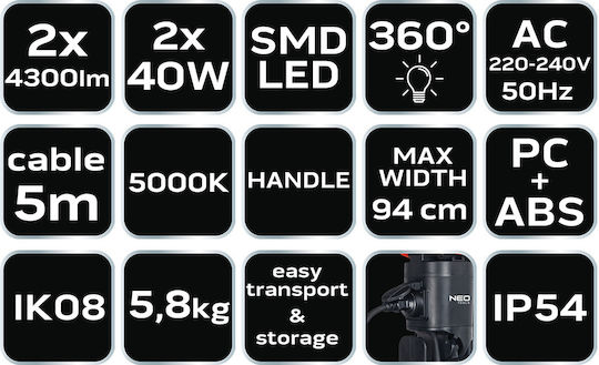 Neo Tools Battery Jobsite Light LED IP54 with Brightness up to 4300lm