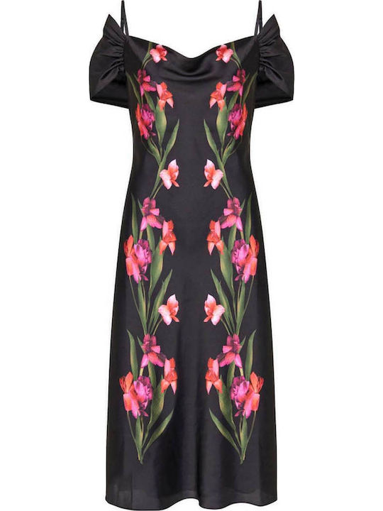 Midi Evening Satin Dress with Ruffles Black