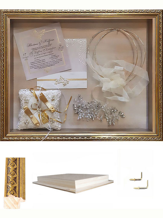 Wall-Mounted Rectangle Wedding Crown Case / Photo Frame Wooden Gold 50x40cm