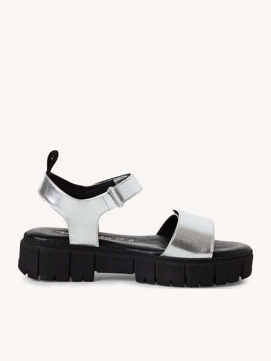 Leather Women's Flat Sandals in Silver Color