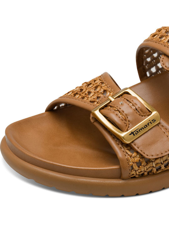 Leather Women's Flat Sandals Tabac Brown