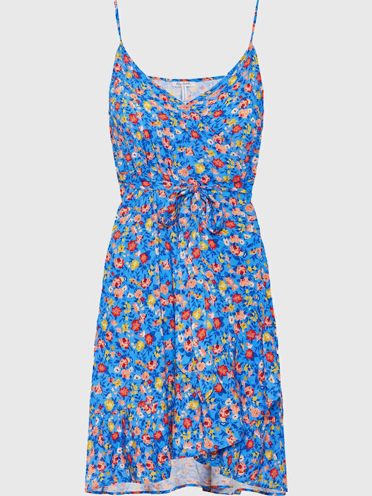 Summer Mini Wrap Dress with Ruffles Blue