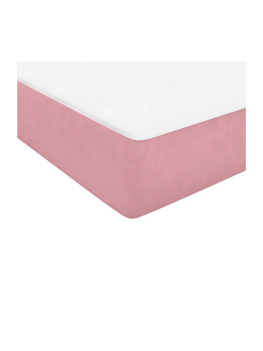 Pat Single Tapițat cu Material Textil Roz cu Plăci și Saltea 90x220cm