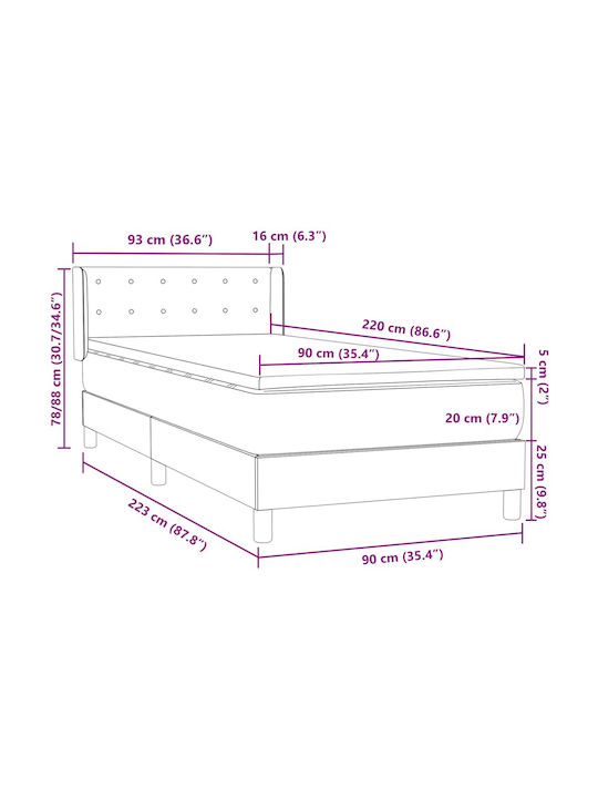 Pat Single Tapițat cu Material Textil Roz cu Plăci și Saltea 90x220cm