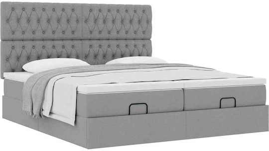 Κρεβάτι King Size Επενδυμένο με Ύφασμα Ανοιχτό Γκρι με Τάβλες & Στρώμα 200x200cm