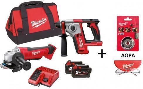 Milwaukee M18 BHAG-502B Сет Ъглово колело & Чук 18V с 2 батерии 5Ах и куфар с Защитни очила