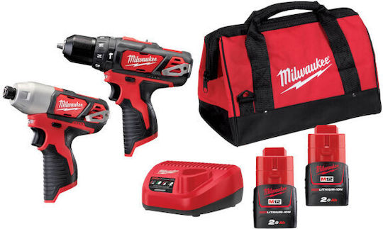 Milwaukee M12 BPP2F-202B Powerpack Set Impact Drill Driver & Impact Screwdriver 12V with 2 Batteries 2Ah and Case