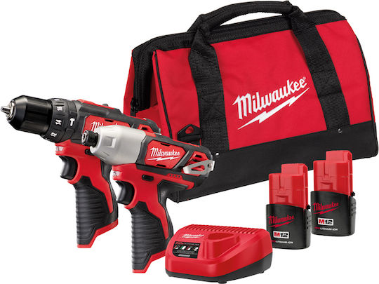Milwaukee M12 BPP2F-202B Powerpack Set Impact Drill Driver & Impact Screwdriver 12V with 2 Batteries 2Ah and Case