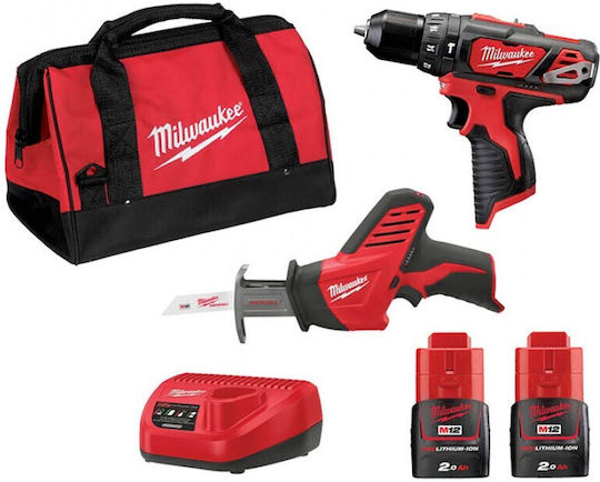 Milwaukee M12 BPDHZ-202B Set Impact Drill Driver & Reciprocating Saw & Lens 12V with 2 Batteries 2Ah and Case
