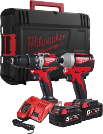 Milwaukee M18 BLPP2A2-502X Set Șurubelniță cu impact & Mașină de găurit Brushless 18V cu 2 baterii 5Ah și husă