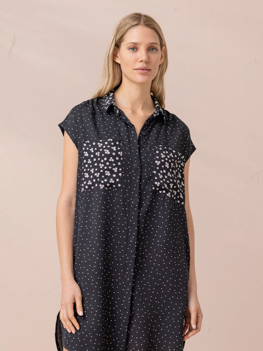 Noidinotte Viscose Μαύρο Κουμπωτό Φόρεμα Πουά Κωδ La3284