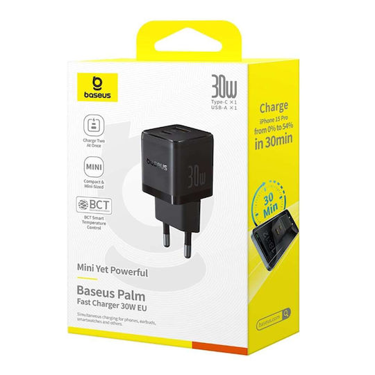 Baseus Ladegerät ohne Kabel mit USB-A Anschluss und USB-C Anschluss 30W Schwarzs (Palm)