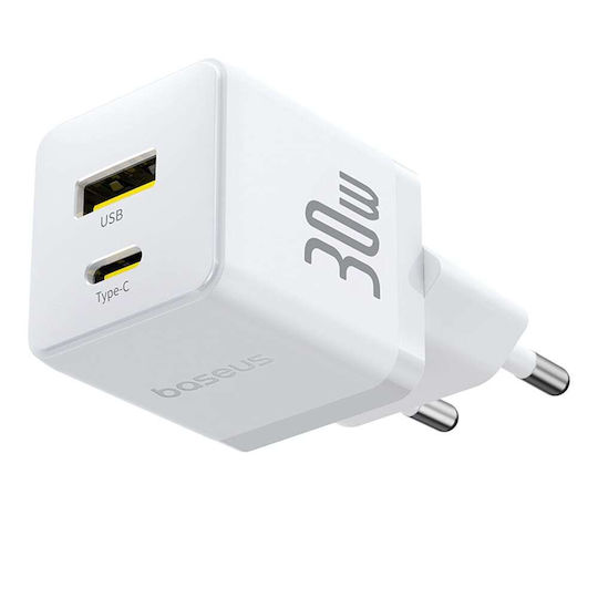 Baseus Ladegerät ohne Kabel mit USB-A Anschluss und USB-C Anschluss 30W Weißs (Palm)