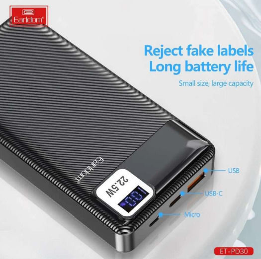 Earldom ET-PD30 Power Bank 20000mAh 22.5W με Θύρα USB-A και Θύρα USB-C Μαύρο