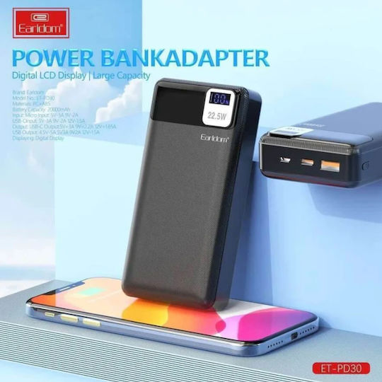 Earldom ET-PD30 Power Bank 20000mAh 22.5W με Θύρα USB-A και Θύρα USB-C Μαύρο