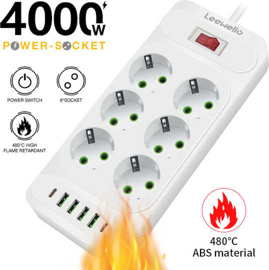 Leewello Power Strip 6 Sockets with 4 USB-A 2 USB-C and 2m Cable