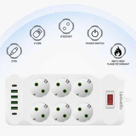 Leewello Power Strip 6 Sockets with 4 USB-A 2 USB-C and 2m Cable