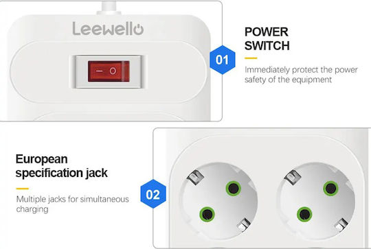 Leewello Power Strip 6 Sockets with 4 USB-A 2 USB-C and 2m Cable