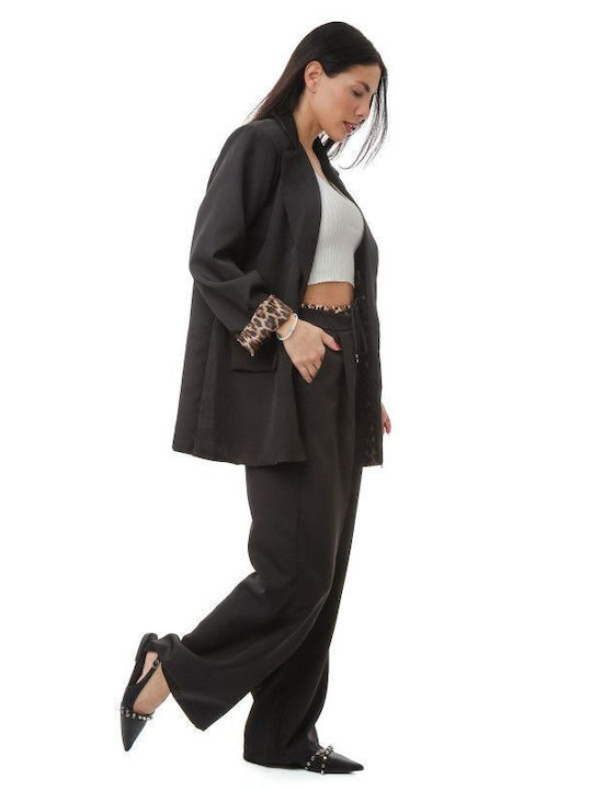 Schwarzes Hosen- und Blazer-Set mit Animal-Print