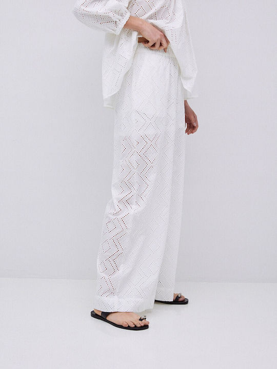 Women's Fabric Trousers with Elastic in Wide Line White