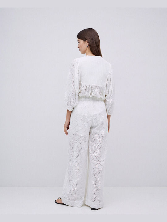 Women's Fabric Trousers with Elastic in Wide Line White