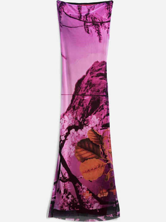 Summer Midi Evening Dress Strapless with Tulle Purple