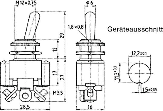 Διακόπτης Rocker On-off-on Μονοπολικός Spdt 3 Pin 6a/250vac Άνοιγμα Φ12.0mm 16x27x28,5mm Marquardt 0815.0101