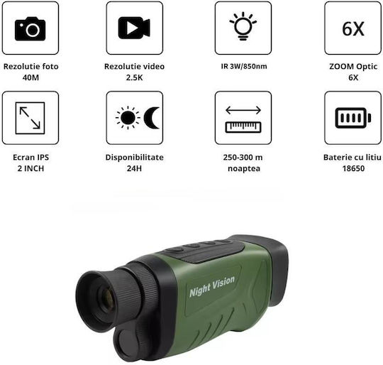 Monocular Digital de Vedere pe Timp de Noapte 2.5k @30 Fps Zoom Digital 8x Zoom Optic 6x Ecran Lcd de 2 inci Baterie 18650 Mah Verde