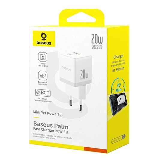 Baseus Charger Without Cable with USB-A Port and USB-C Port 20W Power Delivery / Quick Charge 3.0 Whites (Palm)