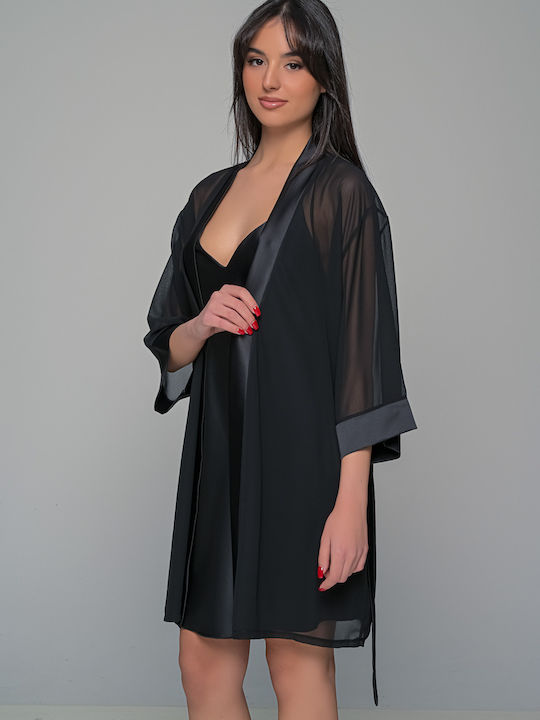 Milena by Paris Καλοκαιρινή Γυναικεία Σατέν Ρόμπα Μαύρο