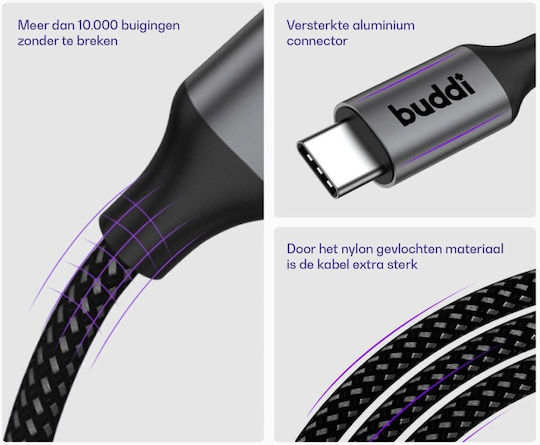 Buddi Braided USB 2.0 Cable USB-C male - USB-C female 60W Black 1m
