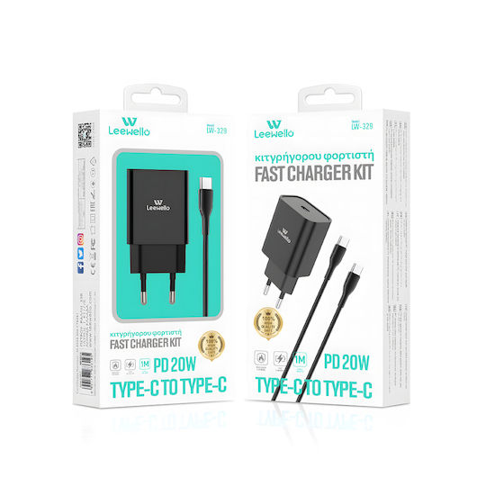 Leewello Ladegerät mit USB-C Anschluss und Kabel USB-C - USB-C 20W Stromlieferung Schwarzs (LW-329)