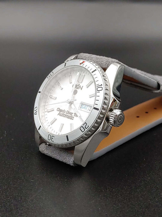 Aion Herrenuhr 36mm Batterie mit Silber Lederarmband