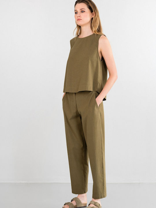 Women's Crop Top Cotton Sleeveless Khaki