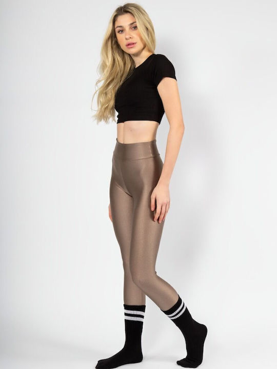 Training Γυναικείο Cropped Κολάν Γυαλιστερό & Ψηλόμεσο Beige