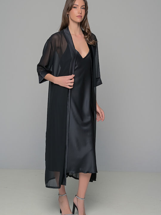 Milena by Paris Καλοκαιρινή Γυναικεία Σατέν Ρόμπα με Νυχτικό Μαύρο