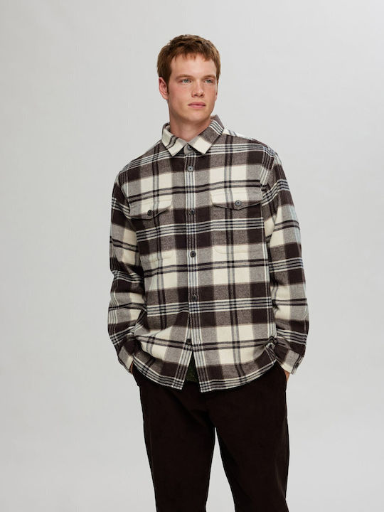 Herrenhemden Langärmeliges Overshirt in Breite Linie Geprüft Braun