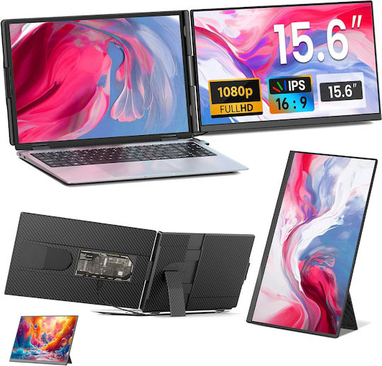 Monitor Portabil Extensibil Qova 15.6" FHD IPS Display 13"-17.3" Laptopuri Design Ultra-subțire 1080p USB-C/HDMI Ecran Extern Laptop Gaming Birou Călătorie Compatibil Windows Mac Linux Switch PS5 Plug Play
