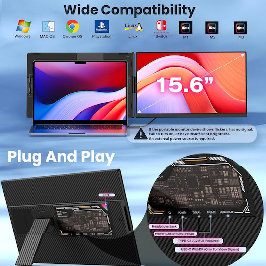 Monitor Portabil Extensibil Qova 15.6" FHD IPS Display 13"-17.3" Laptopuri Design Ultra-subțire 1080p USB-C/HDMI Ecran Extern Laptop Gaming Birou Călătorie Compatibil Windows Mac Linux Switch PS5 Plug Play