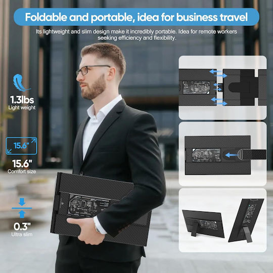 Monitor Portabil Extensibil Qova 15.6" FHD IPS Display 13"-17.3" Laptopuri Design Ultra-subțire 1080p USB-C/HDMI Ecran Extern Laptop Gaming Birou Călătorie Compatibil Windows Mac Linux Switch PS5 Plug Play