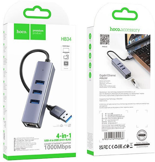 Hoco HB34 Αντάπτορας Δικτύου USB με Ενσύρματη Σύνδεση Gigabit Ethernet