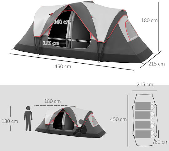 Outsunny Σκηνή Camping Τούνελ Γκρι με Διπλό Πανί 3 Εποχών για 6 Άτομα 450x215x180εκ.