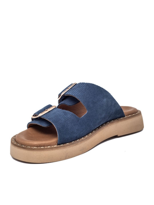 Leather Women's Flat Sandals Anatomic Flatforms in Blue Color