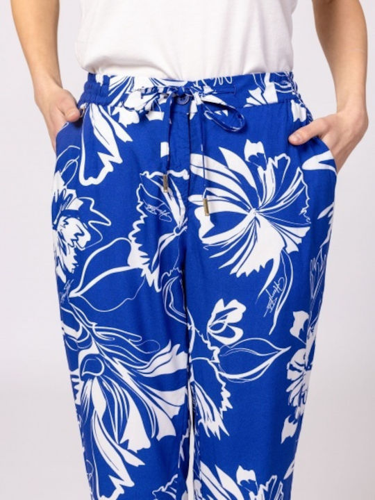 Women's Fabric Trousers Floral Blue/White