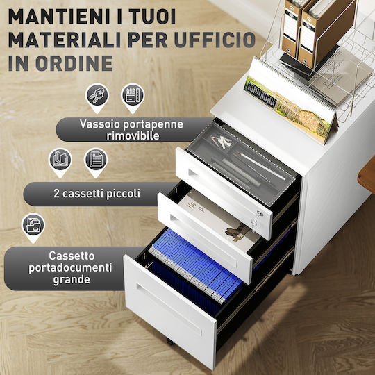 Office Storage Metal Drawer with Wheels, Lock & Drawers White L30xW43.5xH60cm