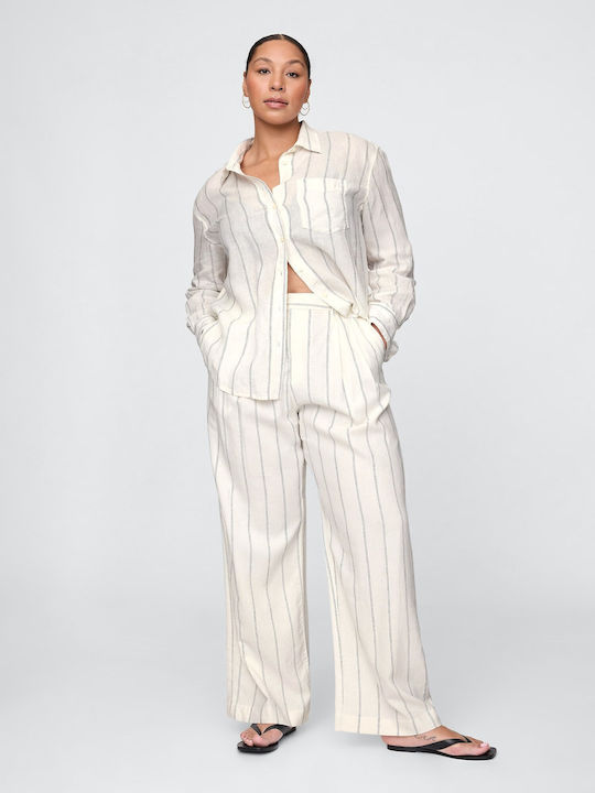 Damen Hoch tailliert Leinen Hose mit Gummizug Gestreift Off White