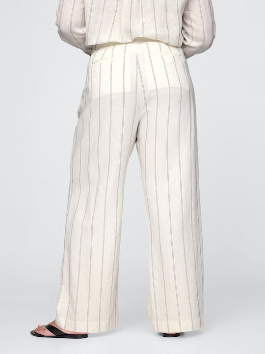 Damen Hoch tailliert Leinen Hose mit Gummizug Gestreift Off White