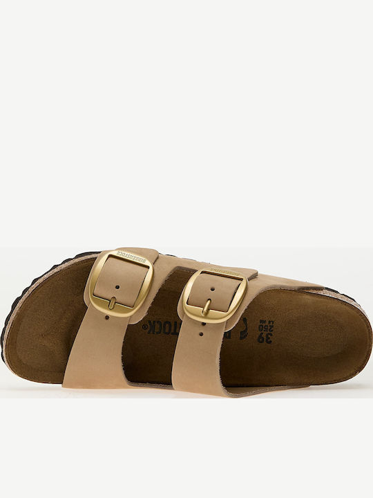 Arizona Big Buckle Leather Women's Flat Sandals in Beige Color Narrow Fit