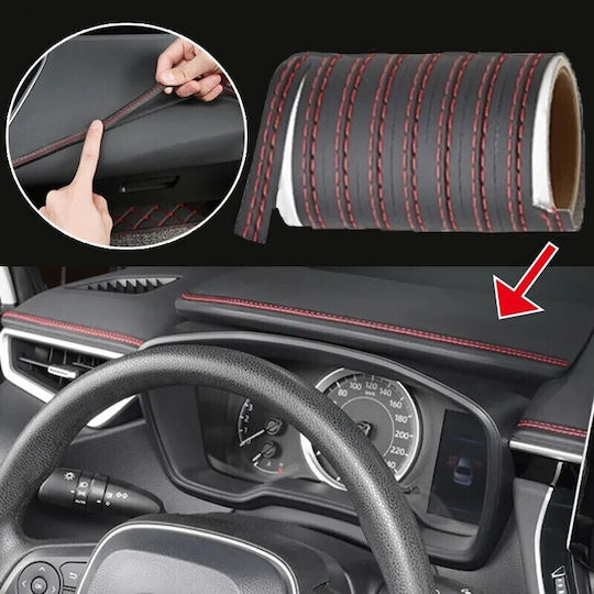 Bandă decorativă interior vehicul 2m lungime din piele ecologică culoare neagră + cusături roșii
